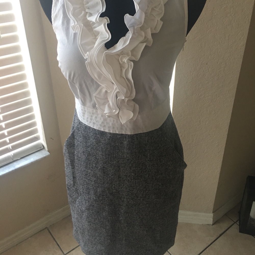 Elegant White and Gray Ruffle Dress